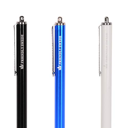 The Friendly Swede Stylus Pen 3-Pack, 5.5in Replaceable Thin Tip | 3 spare tips, Black/Blue/White, 3 Elastic Lanyards, Microfiber Cleaning Cloth Included, Pen for Touchscreen - color: Black/Blue/White