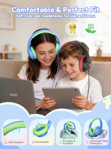 Acer Kids Headphones Wired for School - Over Ear Design, 85/94dB Safe Volume Limit, 3.5mm Jack Foldable Headphones for Toddler Boys Girls Classroom Yoto Player Chromebook Travel (Blue Green) - color: Blue Green