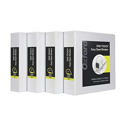 Oxford 3 Ring Binders, Binders for School and Office, 2 Inch ONE-Touch Easy Open D Rings, 3-Sided View Binder Covers, Xtralife Hinge, Non-Stick, PVC-Free, White, 530-Sheet Capacity, 4 Pack (79910) - size: 2 Inch