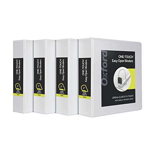 Oxford 3 Ring Binders, Binders for School and Office, 2 Inch ONE-Touch Easy Open D Rings, 3-Sided View Binder Covers, Xtralife Hinge, Non-Stick, PVC-Free, White, 530-Sheet Capacity, 4 Pack (79910) - size: 2 Inch