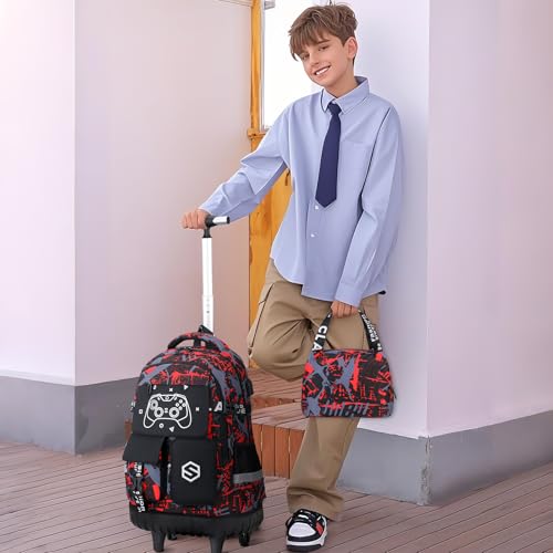 Scothen Rolling Backpack for Boys, Cool Luminous Gamer Roller School Backpacks for Boys with Lunch Bag and Pencil Pouch, Kids Backpack Bookbag with Wheels for Kindergarten Elementary Middle School - color: Red