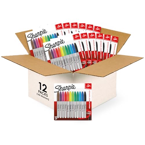 Sharpie Permanent Markers, Fine Tip, Assorted Colors, 144 Markers Total (12 Packs of 12) - size: 144 Count - Assorted