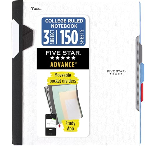 Five Star Advance Spiral Notebook + Study App, 3 Subject, College Ruled Paper, 8-1/2" x 11", 150 Sheets, Spiral Guard, Movable Tabbed Dividers, White (73142) - color: White, size: Pack of 1
