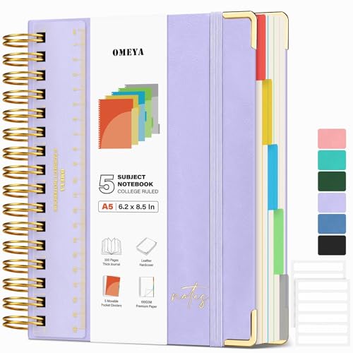 Leather 5 Subject Spiral Notebook: Hardcover College Ruled Notebook with Pocket Dividers & Ruler, 300 Pages 100GSM Thick Writing Spiral Journal for Women Men, Lined A5 Notebooks for Work School, 6"x8" - color: Purple, size: A5