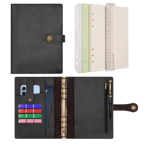 Wonderpool A5 Binder Journal Leather Spiral Notebook Refillable College Ruled Paper, Budget Binder Rings Diary Organizer with Pen for Office School Travel Business Planning Writing (Black,A5) - color: Black, size: A5
