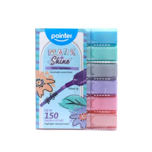 Pointer MarkShine Glitter Highlighters, Chisel Tip, 6 Pastel Colors Set, 150m Ink Capacity, Perfect for Lettering and Scrapbooking - color: Pastel Glitter - 6 Colors