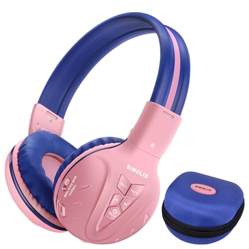 SIMOLIO Kids Wireless Headphones with Mic, Foldable Bluetooth Headsets w/Case for Travel/Plane, 75/85/94dB Volume Limiter for Kids Toddler, 30H Battery, Share Port, Bluetooth 6.0 for iPad Tablet PC - color: Blush Pink