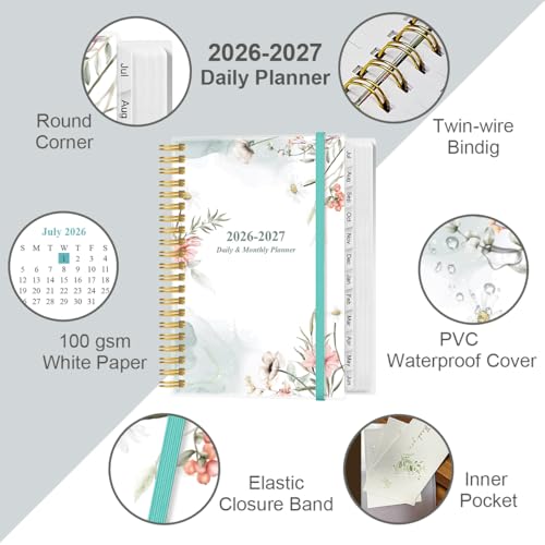 Daily Planner 2026-2027 Full Page Per Day- 2026-2027 Daily & Monthly Planner from July 2026 to June 2027, Day Planner 2026-27 with 12 Months Tabs, 6.4" x 8.5", Pink Flowers - color: Pink Flowers, size: 6.4" x 8.5"