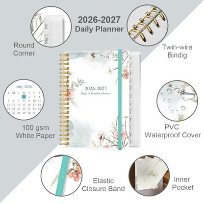 Daily Planner 2026-2027 Full Page Per Day- 2026-2027 Daily & Monthly Planner from July 2026 to June 2027, Day Planner 2026-27 with 12 Months Tabs, 6.4" x 8.5", Pink Flowers - color: Pink Flowers, size: 6.4" x 8.5"