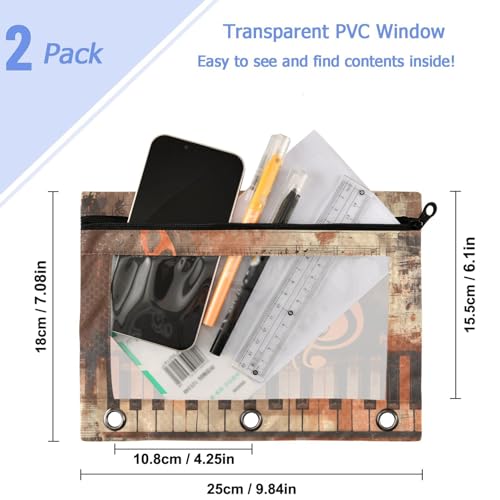 Studying 2 Pack Grunge Musical Background Notes 3 Ring Binder Pencil Pouch Bags,Clear Window Zipper Storage Case for Boys Girls School Office Supplies Cosmetics Organizers