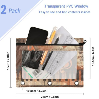 Studying 2 Pack Grunge Musical Background Notes 3 Ring Binder Pencil Pouch Bags,Clear Window Zipper Storage Case for Boys Girls School Office Supplies Cosmetics Organizers - color: Multi-music