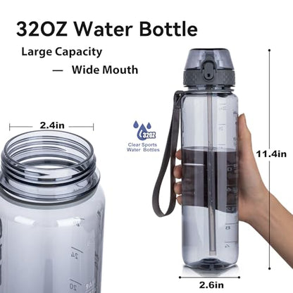 GOPPUS 32 oz Clear Water Bottle with Straw, BPA Free Tritan Water Bottle, Leakproof Clear Motivational Water Bottle, Wide Mouth Sports Water Bottle for Gym, Hiking, School, Office - color: C-Grey
