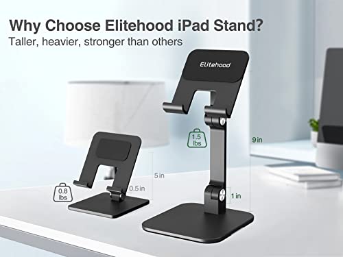 elitehood Aluminum iPad Stand for Desk [Ultra-Stable & Sturdy], Height Adjustable Tablet Stand, Portable Tablet Holder Dock for Home Office, Compatible with iPad Pro 12.9, iPad Air Mini 6 5 4 3, Black - color: Black