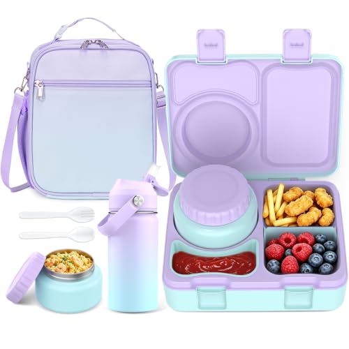 Bento Lunch Box for Kids Adult, Leakproof 3-4 Compartment Bento Box Set with Insulated Food Jar,Water Bottle, Lunch Bag, School Lunch Container for Toddler Teen Girls Boys Ages 3+(Gradient) - color: Gradient
