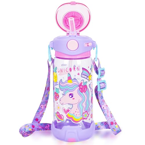 Kids Water Bottle with Straw/Lanyard for School Kids Girls Boys, 22oz BPA Free Child Drinking Water Bottle One-Click-Open Leak-Proof Locking Flip Lid for School Sport Travel - color: H06. Unicorn