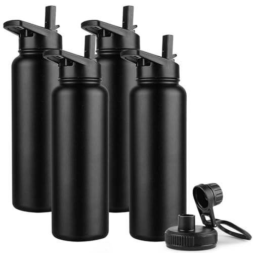 DOMICARE 40 oz Insulated Water Bottle Bulk, Vacuum Insulated Stainless Steel Sports Water Bottle with Straw Lid & Spout Lid, Leakproof, Reusable - Travel, Camping, Bike, Black (4 Pack) - color: Black, size: 40oz/4 Pack