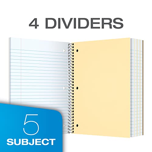 Oxford Spiral Notebook,5 Subject Writing Journal, 3-Hole Punch, College Ruled Paper, 4 Dividers, 8 x 10-1/2 Inch, Black, Red, Blue, 180 Sheets (65203)(Pack of 24) - size: Pack of 24