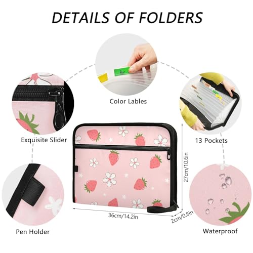 Strawberry Cute Flower File Folders,Plastic Folders with 13 Pockets,Expandable File Folder for Documents School Students Office,Aesthetic Folder with Labels A4 Letter Size - color: Multi 10
