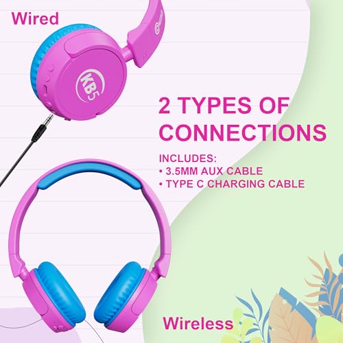 Contixo KB-5 Kids Headphones - Over The Ear Foldable Bluetooth Wireless Headphone for Kids - 85dB with Volume Limited - Toddler Headphones for Boys and Girls (Pink + Blue) - color: Pink