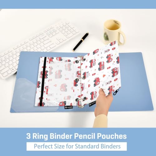 Gredecor 3 Ring Binder Pencil Pouch, Cartoon Red Fire Trucks White Zippered Pen Case Pouches with Clear Window, 2 Pack Stylish Office & School Supplie - color: Cartoon Red Fire Trucks White