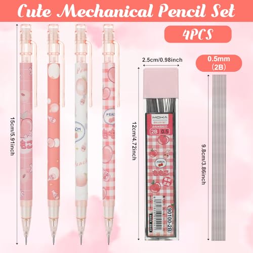 TIESOME Cute Pencil & Lead Refill Set, 4 Pcs Mechanical Pencil Cute, Peach 4 Mechanical Pencils Set for School, Office, Drawing and Gift (with 0.5mm Refills, Pink)
