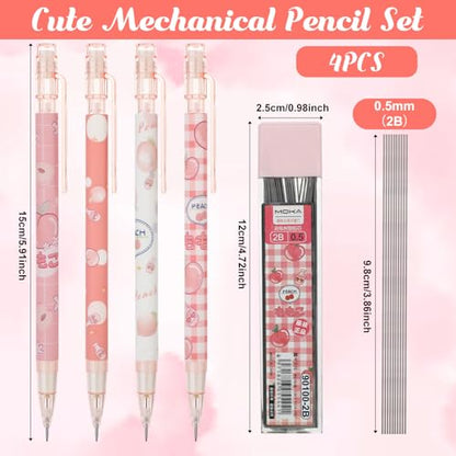 TIESOME Cute Pencil & Lead Refill Set, 4 Pcs Mechanical Pencil Cute, Peach 4 Mechanical Pencils Set for School, Office, Drawing and Gift (with 0.5mm Refills, Pink)