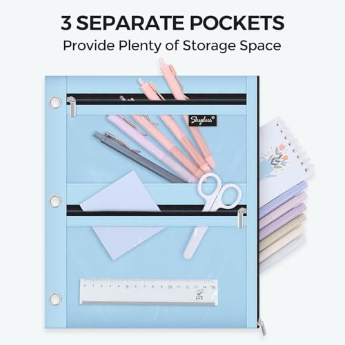SKYDUE Binder Pencil Pouch for 3 Ring Binder, 3 Compartment Zipper Case, Large Capacity Pen Organizer with Clear PVC Window for School Supplies, Students, Kids & Teachers - color: Skyblue