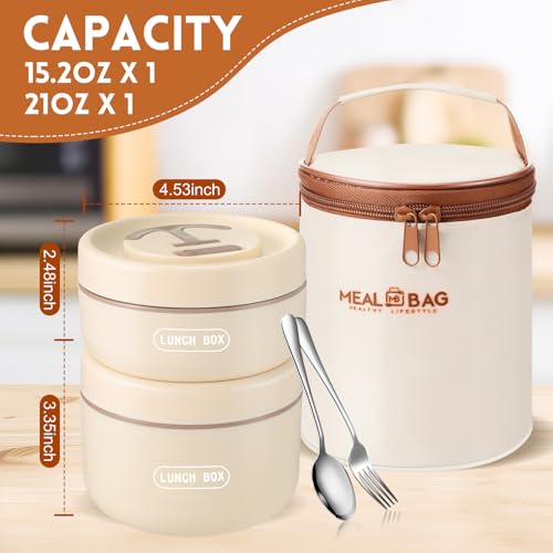 Dandat 2 Pcs Portable Insulated Lunch Containers Thermal Bento Box with Bag Fork Knife Stainless Steel Lunch Box 15.2 oz 21 oz Separate Stackable Food Jar for Adult Men Women(Beige) - color: Beige