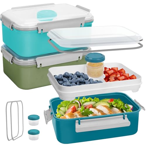 47oz Salad Lunch Container To Go, 3 Pack Salad Bowls Bento Lunch Boxes | Food Storage Meal Prep Containers with Tray/Dressing Containers for Salad, Snacks,Fruit, BPA Free, Microwave Dishwasher Safe - color: Navy&Dark Green&Light Blue