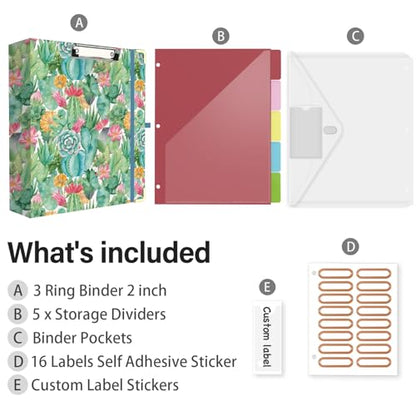 3 Ring Binder 2 Inch for Letter Size 8.5" x 11" Paper, Clipboard Binder with 5 Tabbed Dividers with Pockets, Plastic Folder and 40 Divider Stickers, School and Office Supplies, Cactus Flowers - color: Cactus Flowers, size: 2 Inch
