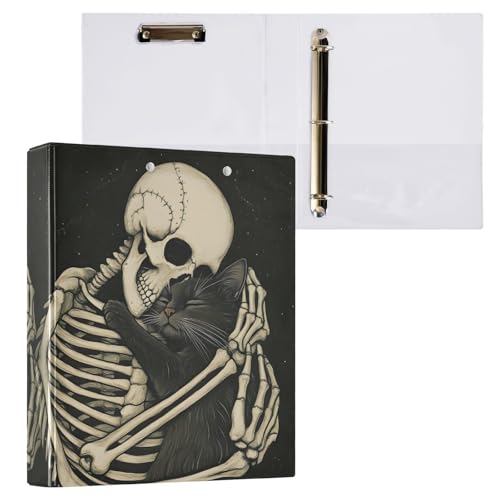 ALAZA 3 Ring Binder Skeleton Black Cat Kitten Clipboard Round Ring Binder Holds 1.5 Inch Three Binders Heavy Duty Binders for Office Supplies, 1Pack - color: Multicolored 34