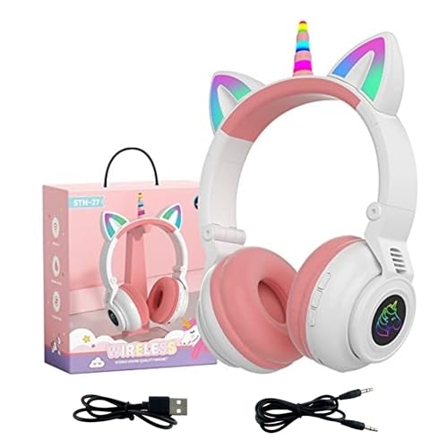 Unicorn Kids Headphones for Girls, Unicorn Bluetooth Headphones Foldable for Girls Toddlers Tablet/pad/Amazon fire,Light Up Kids Wireless Headphone Birthday Gifts (White Pink) - color: white pink