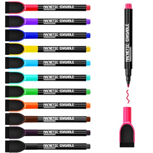 Magnetic Dry Erase Markers Fine Tip - 12 Colors Whiteboard Markers with Eraser Cap, Low Odor Thin Dry Erase Markers for Office Professional Use, Work On White board & Calendar