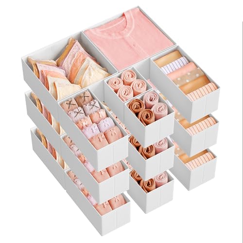 SONGMICS Drawer Organizers, Dresser Divider Organizers, Set of 18, Foldable Fabric Storage Boxes for Socks, Underwear, Bras, Ties, Scarves, Cloud White URDZ006W03 - color: Cloud White, size: 18 Pack