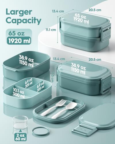 BiuLeon Bento Box Adult Lunch Box, 65 Oz Capacity Lunch Containers(Adjustable 2/3 Tier), BPA-Free, Leak-Proof and Stackable Bento Lunch Box, Microwave & Dishwasher Safe with Utensils(Green) - color: Green
