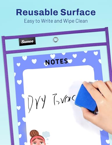 SUNEE 6 Packs Oversized Reusable Dry Erase Pocket Sleeves with Ring, Purple 10x14 Ticket Holders, Clear Plastic Sheet Protectors, Teacher School Classroom Supplies - color: Purple, style: 6 Pack