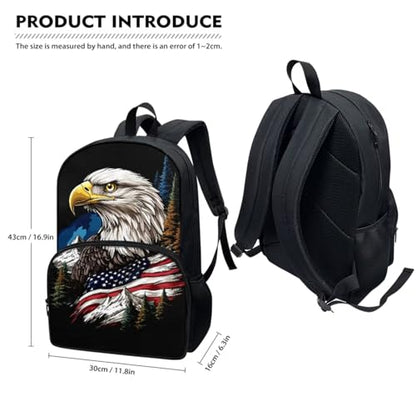 Horeset School Backpack Set for Boys 17inch Eagle American Flag Mountain Bookbags with Picnic Insulated Lunch Box Water Bottle Bag Large Capacity Middle School Bags Rucksack Kids 5-8 8-10 Years - color: Eagle American Flag Mountain