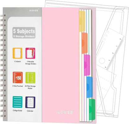 5-Subject Spiral Notebook, College Ruled, with Pocket & Tab Dividers | 300 Pages, 11" Ruler, 8.5"x11" Pale Pink, Pocket Dividers with Labels, for Writing Journal, Home, Office & School Supplies - color: Pale Pink(300 page)