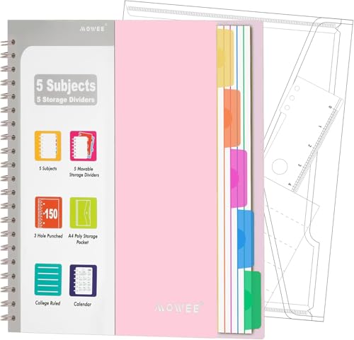 5-Subject Spiral Notebook, College Ruled, with Pocket & Tab Dividers | 300 Pages, 11" Ruler, 8.5"x11" Pale Pink, Pocket Dividers with Labels, for Writing Journal, Home, Office & School Supplies - color: Pale Pink(300 page)