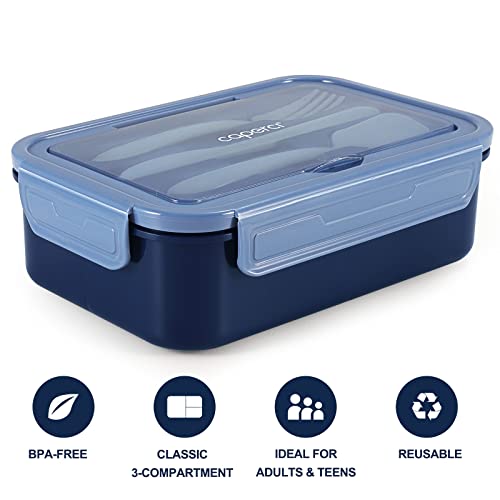 Caperci Classic Bento Box Adult Lunch Box for Older Kids - Leakpoof 47 oz 3-Compartment Containers for Adults and Teens, Built-in Utensil Set, Ideal for On-the-Go Balanced Eating, Navy Blue - color: Navy Blue
