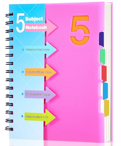 CAGIE 5 Subject Notebook, A5 Small Spiral Notebook with Removable Pocket Dividers Tabs, 240 Pages Spiral Note Book College Ruled for School Work Note taking, 6.1 * 8.27 in, Pink - color: Pink, size: A5(6×8in)