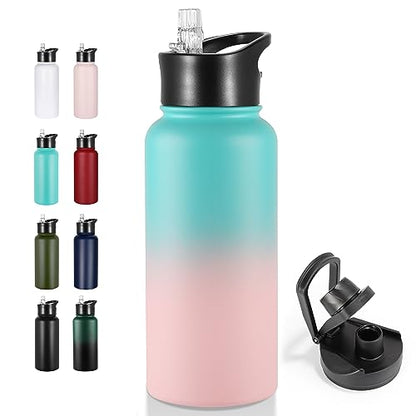 VEGOND 32 oz Insulated Water Bottle Stainless Steel Metal Water Bottles with Leak Proof Straw Lid & Spout Lid, Wide Mouth Double Walled Vacuum Travel Sports Bottle, Green Pink - color: Bubble Gum, size: 32 Ounces