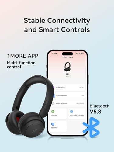 1MORE HQ20 Wireless On-Ear Headphones with Microphone, 85dB Safe Volume, 65H Playtime, Lightweight Foldable Bluetooth Headphones for School/Travel, Android and iOS Compatible, Black - color: Black