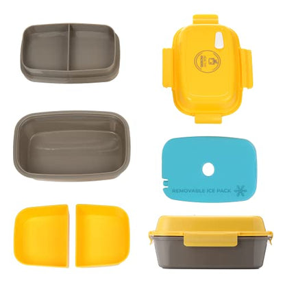 Ultimate Bento Box - Lunch Box for Kids & Adults with Removable Ice Pack - Leakproof, Multi-Compartment Food Container with Removable Containers - Microwave & Dishwasher Safe (Yellow/Gray) - color: Yellow/Gray