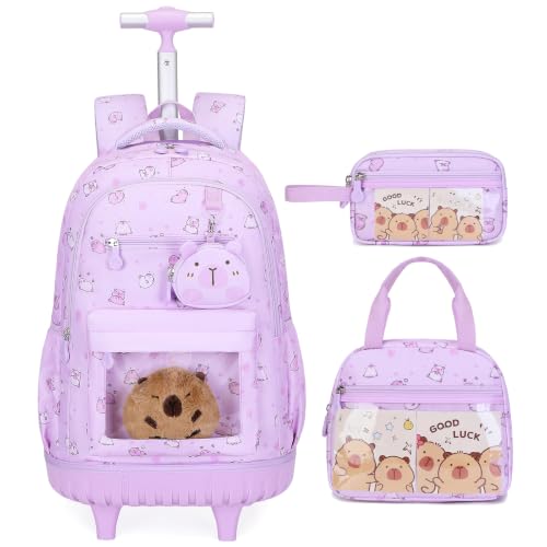 Capybara Theme Rolling Backpack with Lunch Bag & Pencil Case, Kids Rolling Backpack for Girls, Wheeled School Bookbag with Telescoping Handle for Kindergarten Elementary Middle High School - color: Purple