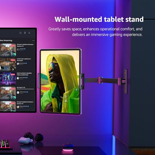 BEWISER Tablet Wall Mount Holder,360° Rotating Flexibly, Height and Angle Adjustable, Folding Aluminium Alloy Long Arm Compatible with4.7-12.9" Phone and Tablet in Kitchen or Office (Space Grey)… - color: Black