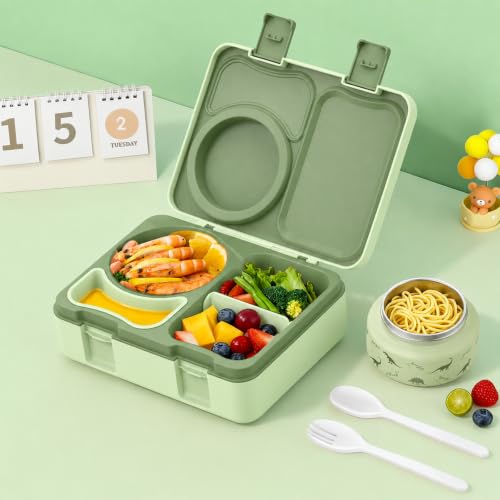 Kids Lunch Box with Thermo, Leakproof Bento Box for Kids with 8OZ Insulated Food Jar, Ice Pack, Sauce Cup, Utensils, Removable Tray & Dividers for School Daycare Travel (Dinosaurs) - color: Dinosaurs