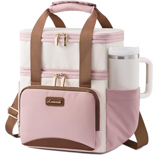 LOVEVOOK Insulated Lunch Bag For Women,Large Double Deck Adult Lunch Box,Teacher Lunch Tote Bag With Cup Holder,Leakproof Cooler Bag With Adjustable Shoulder Strap For Work Picnic Beach,Larger 15L - color: Off White with Pink, size: Large —15l