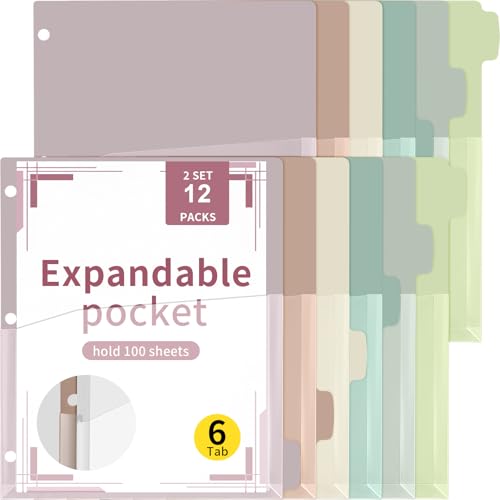 Chuangdi 12 Pack 6-Tab Expanding Binder Dividers with Clear Pockets, Letter Size Plastic Dividers for 3 Ring Binder, 6 Assorted Colors Writable Tabs Office Document Organizer(Morandi) - color: Morandi