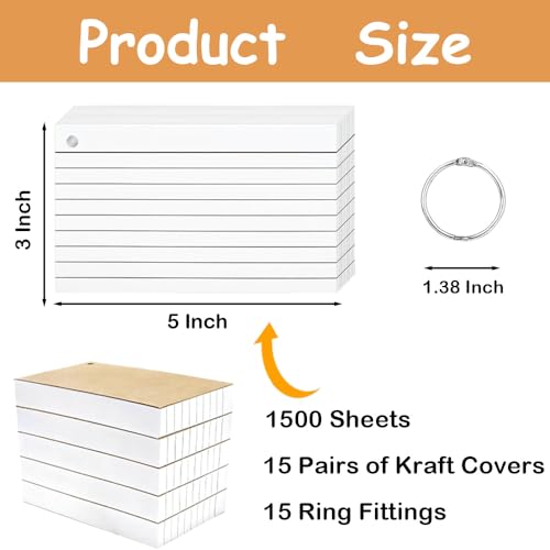 1500 Pcs White Index Cards with Rings, 3x5 Inch Flash Cards Bulk | with Holder for Studying, Notecards Lined for Office, Home, School Supplies College, Ruled Index Cards, Double Sided - color: 1500 Pcs (White)